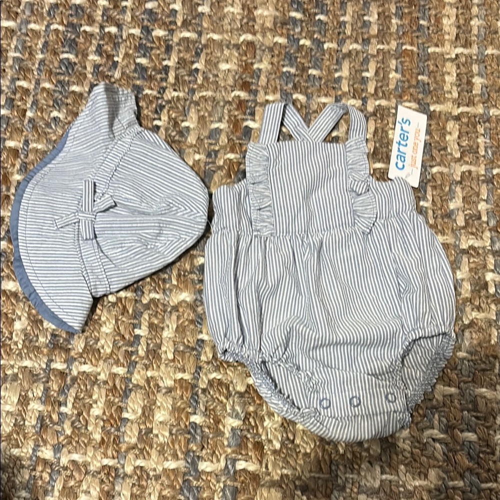 Carter's Blue Striped Baby Romper and Hat Set
